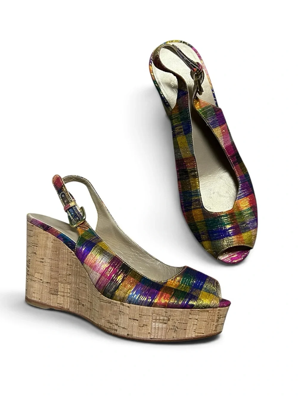 Stuart Weitzman Jean Metallic Slingback Wedge Sandals Multicolored Size 8M